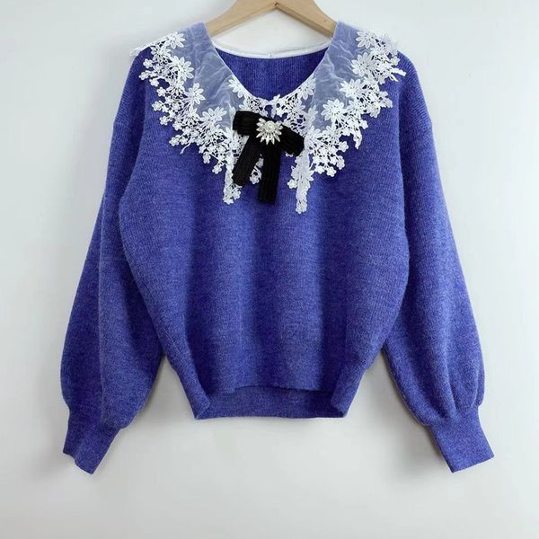 sweaters bow lace stitching sweater women two colors long sleeve peter pan collar sweet jumper, White;black
sweaters bow lace stitching sweater women two colors long sleeve peter pan collar sweet jumper, White;black