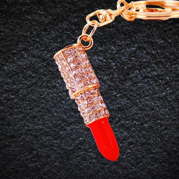 keychains crystal-rhinestone women jewelry charm keychain lipstick key holder keyring red pendant chain, Silver