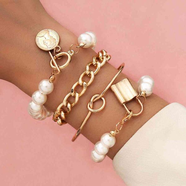 kmvexo punk gothic imitation pearls lock bracelets female knot flower bracelet bangles for women fashion gold coin jewelry, Red;brown
