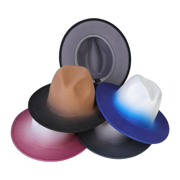 wide brim hats fedora hat gradient color european and american gold chain woolen men women trend felt jazz 2021, Blue;gray
wide brim hats fedora hat gradient color european and american gold chain woolen men women trend felt jazz 2021, Blue;gray