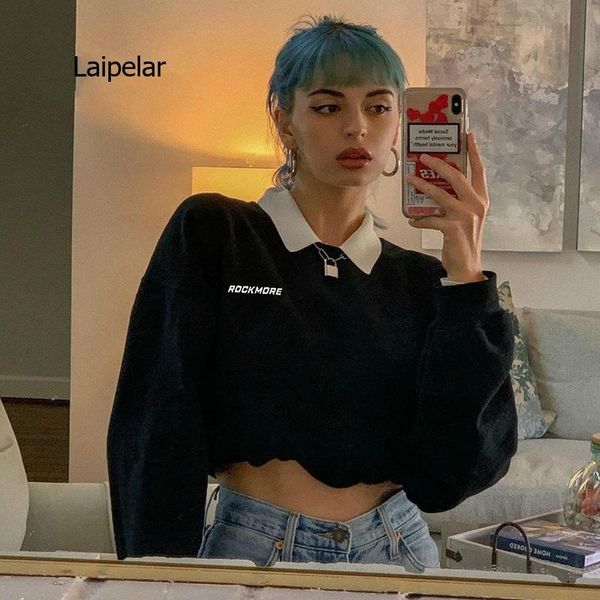 women's t-shirt color contrast lapel small embroidery loose short sweater clothing autumn and winter of 2021, White
women's t-shirt color contrast lapel small embroidery loose short sweater clothing autumn and winter of 2021, White
