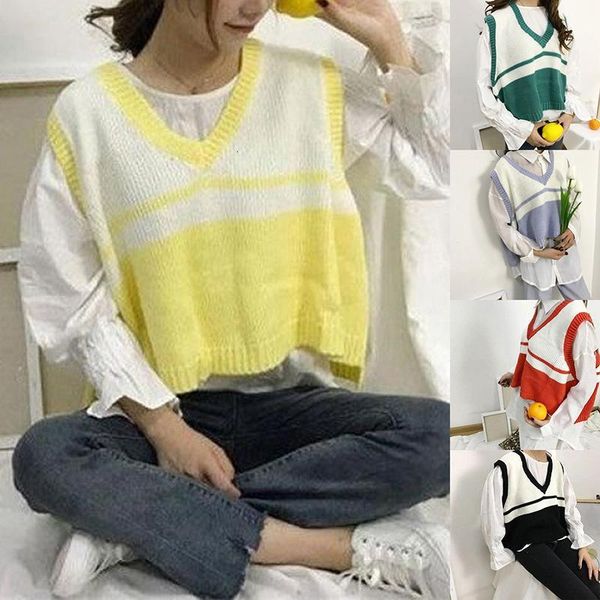 women's vests preppy style women sweater vest loose sleeveless striped patchwork v neck waistcoat autumn female outwear bs1t, Black;white
women's vests preppy style women sweater vest loose sleeveless striped patchwork v neck waistcoat autumn female outwear bs1t, Black;white