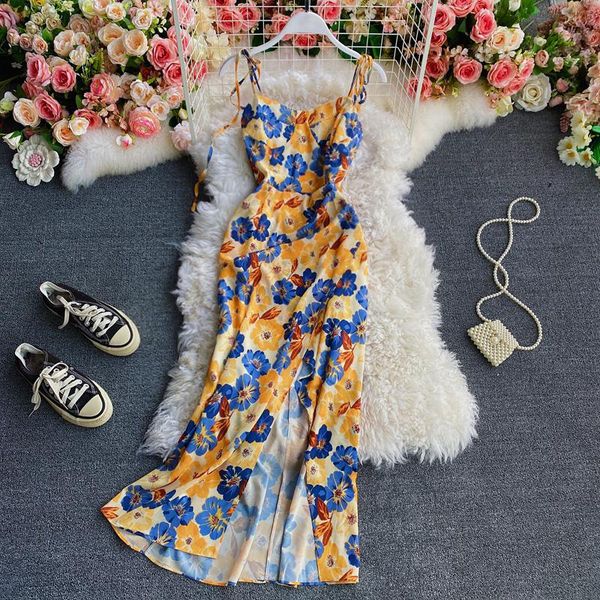 brassiere floral dress women's summer french retro style long with thin waist and side split suspender casual dresses, Black;gray
brassiere floral dress women's summer french retro style long with thin waist and side split suspender casual dresses, Black;gray