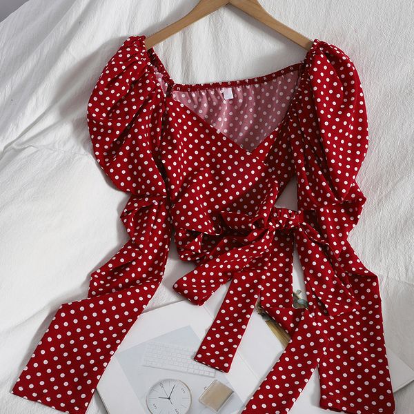 summer cross-tie bow-knot elegant shirt blouse contrast color wave-dot short korean puff sleeve women and bloues 210420, White
summer cross-tie bow-knot elegant shirt blouse contrast color wave-dot short korean puff sleeve women and bloues 210420, White