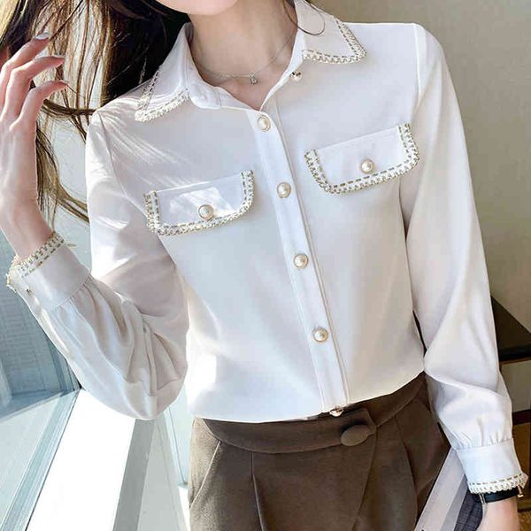 women's blouses & shirts spring white chiffon blouse selvedge pearl button long sleeve elegant for ladies fbea
women's blouses & shirts spring white chiffon blouse selvedge pearl button long sleeve elegant for ladies fbea
