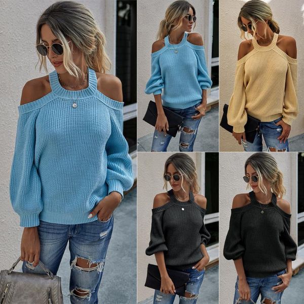 women's sweaters 2021 autumn winter sweater solid color off shoulder knitted casual pullover, White;black
women's sweaters 2021 autumn winter sweater solid color off shoulder knitted casual pullover, White;black