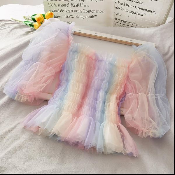 rainbow mesh women shirts patchwork short blouse summer slash neck puff sleeve beach style pullover shirt, White
rainbow mesh women shirts patchwork short blouse summer slash neck puff sleeve beach style pullover shirt, White