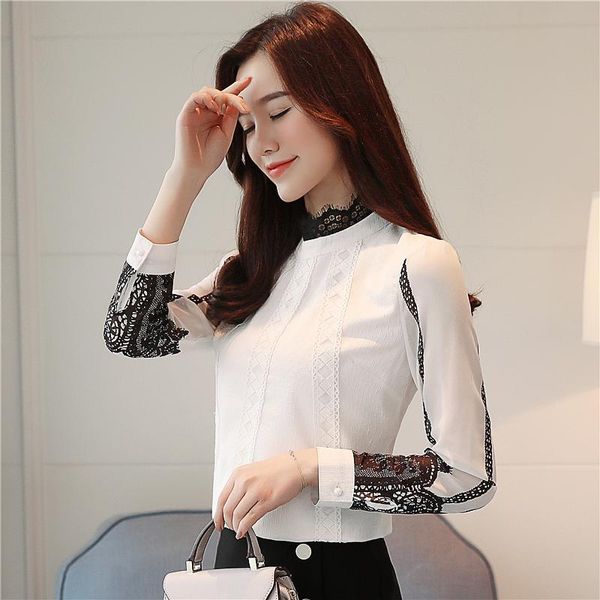 women's blouses & shirts chiffon shirt autumn long-sleeved bottoming korean slim stand-up collar lace stitching women, White
women's blouses & shirts chiffon shirt autumn long-sleeved bottoming korean slim stand-up collar lace stitching women, White