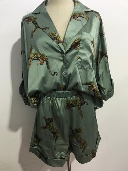 women's tracksuits animal leopard satin short shirt pajama suits elastic waist wide leg shorts women loose sleeve blouse 2 pieces set, Gray
women's tracksuits animal leopard satin short shirt pajama suits elastic waist wide leg shorts women loose sleeve blouse 2 pieces set, Gray