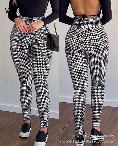high waist lace up tights women capri trousers skinny black houndstooth pencil bottom, Black;white
high waist lace up tights women capri trousers skinny black houndstooth pencil bottom, Black;white