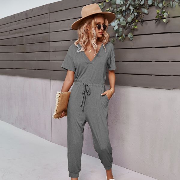 women solid jumpsuits casual v-neck short sleeve summer female elastic waist slim summer 210524, White
women solid jumpsuits casual v-neck short sleeve summer female elastic waist slim summer 210524, White