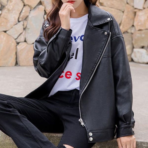 women's leather & faux clothing casual fashion locomotive zipper high-quality pu fabric slim thin long-sleeved lapel jacket, Black
women's leather & faux clothing casual fashion locomotive zipper high-quality pu fabric slim thin long-sleeved lapel jacket, Black