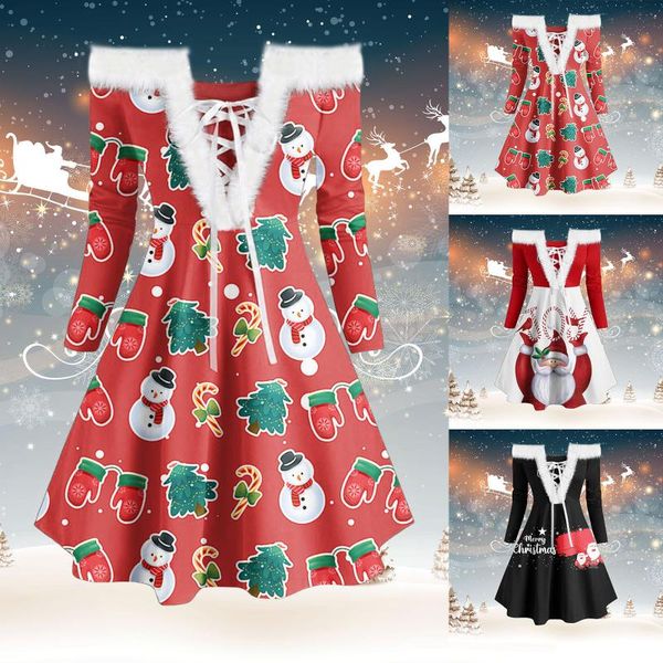 casual dresses lace-up women's dress christmas print retro plush long-sleeved ladies fur-collar strapless party, Black;gray 
casual dresses lace-up women's dress christmas print retro plush long-sleeved ladies fur-collar strapless party, Black;gray