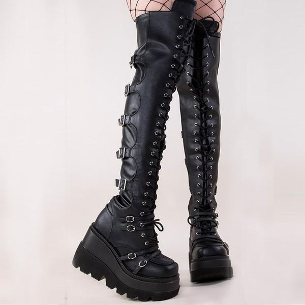 ladies lace up buckle platform gothic high wedges design knee shoes punk women boots cool, Black
ladies lace up buckle platform gothic high wedges design knee shoes punk women boots cool, Black