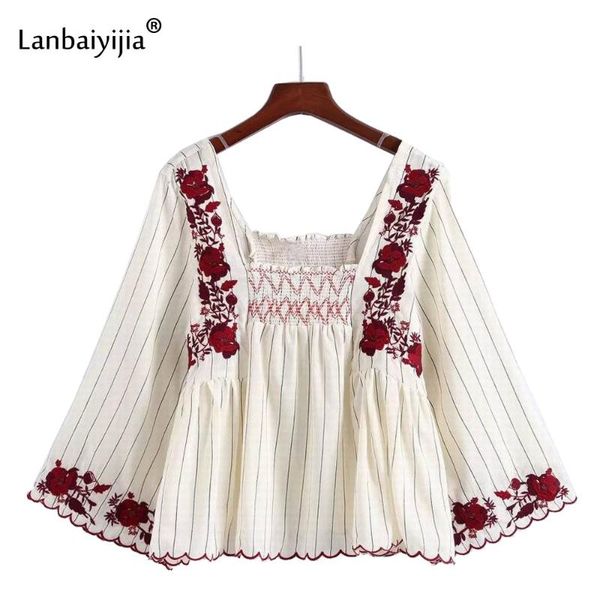 women's blouses & shirts lanbaiyijia floral print striped shirt women elastic square collar embroidery three sleeve loose wave side sum, White
women's blouses & shirts lanbaiyijia floral print striped shirt women elastic square collar embroidery three sleeve loose wave side sum, White
