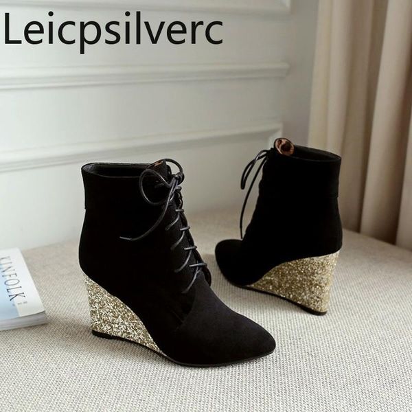 boots women's the autumn and winter fashion pointed lace up wedge high heel short tube shoes size 34-42 8.5cm, Black
boots women's the autumn and winter fashion pointed lace up wedge high heel short tube shoes size 34-42 8.5cm, Black