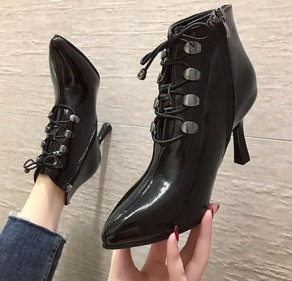 boots ankle women's high heel patent leather lace-up 2021 autumn and winter pointed heels, Black
boots ankle women's high heel patent leather lace-up 2021 autumn and winter pointed heels, Black