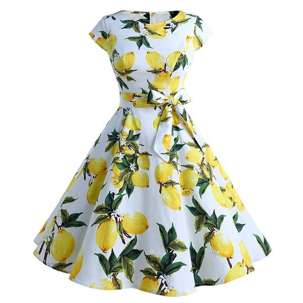 floral lemon print dress hepburn skirt belt, Black