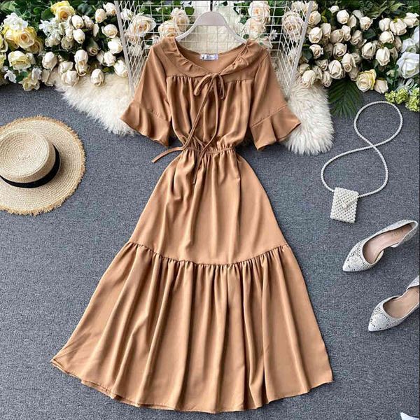 

sweet ruffles midi long summer party dress elegant high waist dress women vestido de festa casual beach a-line dress 210521, Black;gray