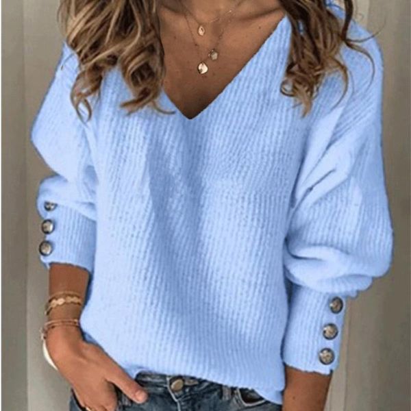 women's sweaters solid rib-knit button detail v neck fashion long sleeve loose women sweater, White;black
women's sweaters solid rib-knit button detail v neck fashion long sleeve loose women sweater, White;black