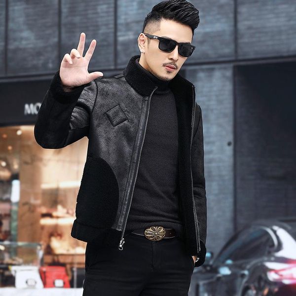 haining fur men's short slim winter sheep shearing coat jacket stand collar leather & faux, Black
haining fur men's short slim winter sheep shearing coat jacket stand collar leather & faux, Black