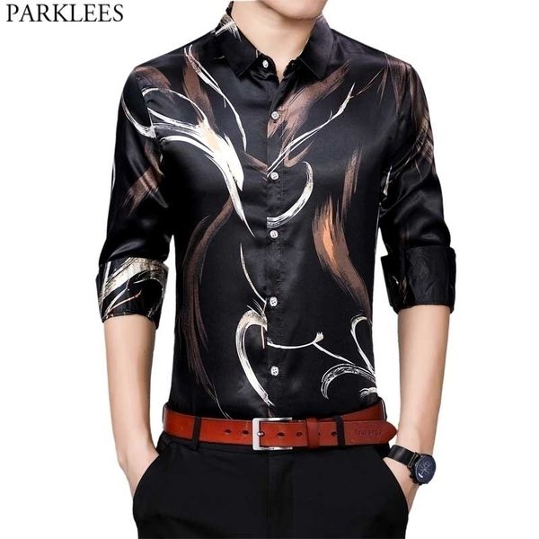 men's stylish feather print satin shirt spring slim fit long sleeve dress shirt men casual smooth silk lieke chemise 4xl 210522, White;black
men's stylish feather print satin shirt spring slim fit long sleeve dress shirt men casual smooth silk lieke chemise 4xl 210522, White;black