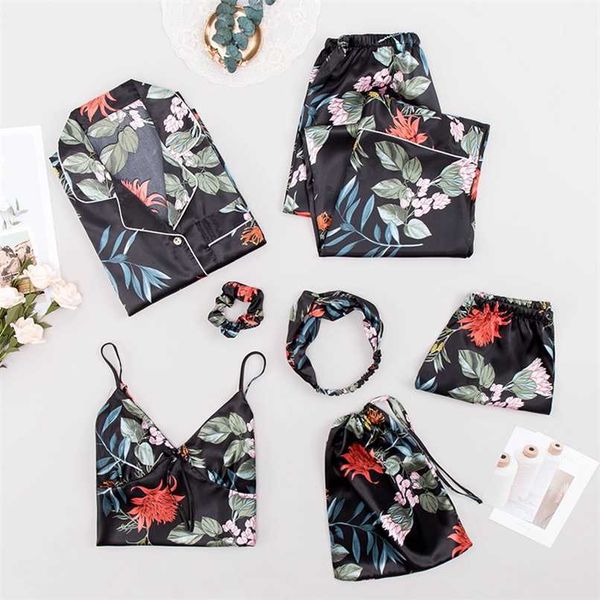 women's pajamas 7 piece set flower print black sleepwear silk like leisure home clothes sling shorts 211112, Black;red
women's pajamas 7 piece set flower print black sleepwear silk like leisure home clothes sling shorts 211112, Black;red