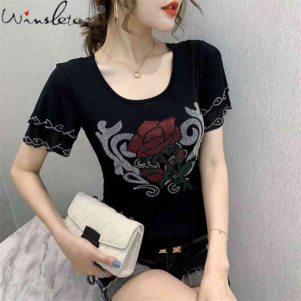 summer european style t-shirt fashion diamonds rose women short sleeve ruffles back all match tees t14424a 210421, Black;gray
summer european style t-shirt fashion diamonds rose women short sleeve ruffles back all match tees t14424a 210421, Black;gray