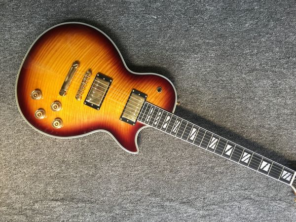 electric guitar sunburst ebony fingerboard, binding over frets, flamed maple top
electric guitar sunburst ebony fingerboard, binding over frets, flamed maple top