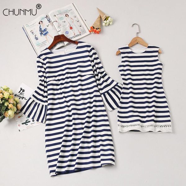 family matching outfits mother daughter dress o-neck striped dresses casual clothes outfit mom 3/4 sleeve girls lace flower suit, Blue 
family matching outfits mother daughter dress o-neck striped dresses casual clothes outfit mom 3/4 sleeve girls lace flower suit, Blue