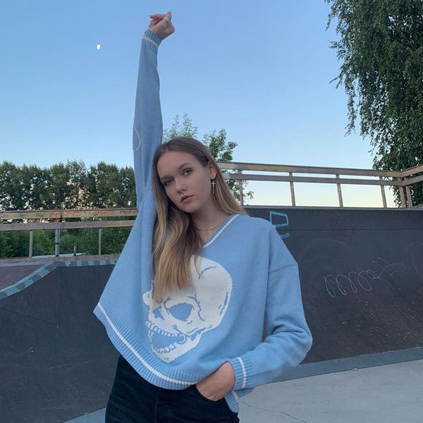 women's sweaters 90s gothic skull print autumn winter woman y2k fashion sweet loose pullover harajuku knitted sweater ladies pull femal, White;black
women's sweaters 90s gothic skull print autumn winter woman y2k fashion sweet loose pullover harajuku knitted sweater ladies pull femal, White;black