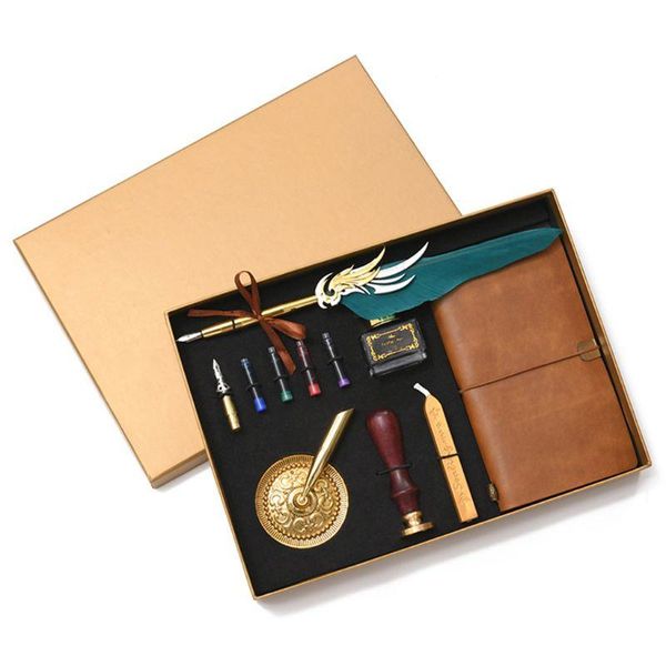 retro vintage calligraphy feather fountain pen writing ink leather notebook set pens
retro vintage calligraphy feather fountain pen writing ink leather notebook set pens