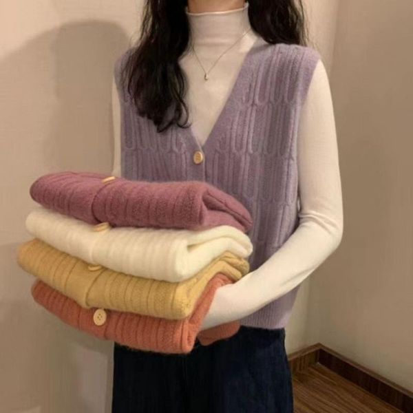 women's vests 2021 autumn and winter v-neck knitted vest college style loose sleeveless outer wear twist sweater, Black;white 
women's vests 2021 autumn and winter v-neck knitted vest college style loose sleeveless outer wear twist sweater, Black;white