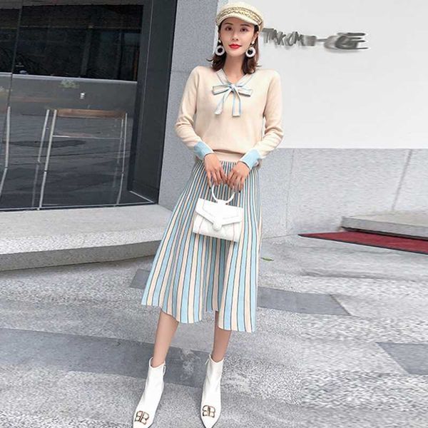fashion ladies knit two piece set long sleeve bow neck pullovers and mid-calf striped skirt autumn winter sweater suit 210529, White
fashion ladies knit two piece set long sleeve bow neck pullovers and mid-calf striped skirt autumn winter sweater suit 210529, White