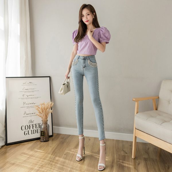 d 1224 blue spring new tassel nail drill light color pencil pants tight jeans stretch and feet nine minutes of pants
d 1224 blue spring new tassel nail drill light color pencil pants tight jeans stretch and feet nine minutes of pants