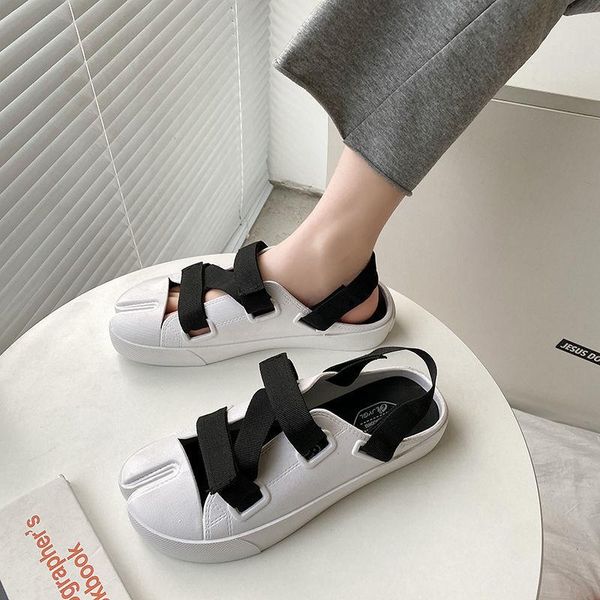 sandals women platform leather ladies comfortable flat open toe beach shoes woman footwear, Black