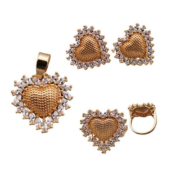 earrings & necklace trendy wedding fashion jewelry sets accessories hoop gold heart rings pendent white stone zircon women 3pcs, Silver