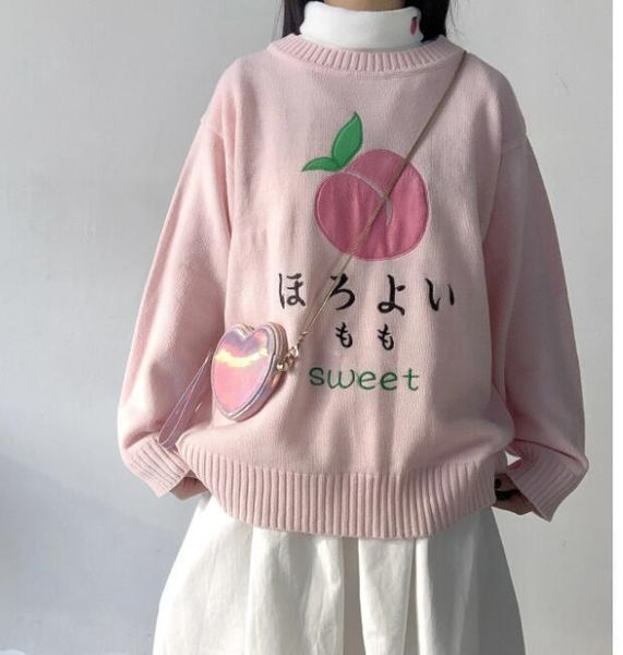 autumn and winter peach women sweaters embroidery pink pullover cute loose college round neck sweater, White;black
autumn and winter peach women sweaters embroidery pink pullover cute loose college round neck sweater, White;black
