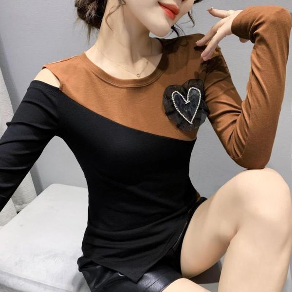 women's t-shirt fall winter clothes lady chic o-neck color blocking off shoulder women patch love long sleeve tees, White
women's t-shirt fall winter clothes lady chic o-neck color blocking off shoulder women patch love long sleeve tees, White