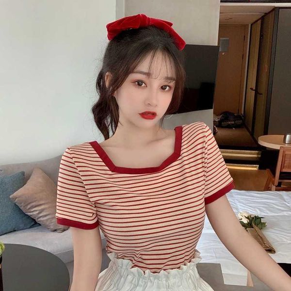 women's t-shirt design sense niche machine french style off-shoulder square collar summer stripes short sleeve for women 2021, White
women's t-shirt design sense niche machine french style off-shoulder square collar summer stripes short sleeve for women 2021, White