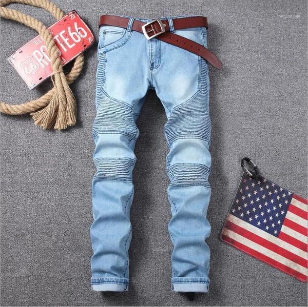 men's jeans skinny blue pleated pencil pants motorcycle large size cotton denim