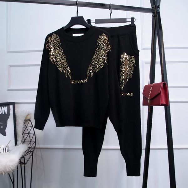 women's two piece pants autumn winter knitting suit 2021 embroidery sequins loose pullovers knitted sweater shirt + small feet women se, White
women's two piece pants autumn winter knitting suit 2021 embroidery sequins loose pullovers knitted sweater shirt + small feet women se, White