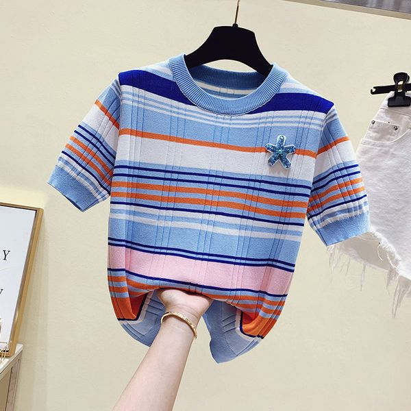 sequins star colorful striped sweater women short sleeve knitted fashion 2022 spring summer pullover, White;black
sequins star colorful striped sweater women short sleeve knitted fashion 2022 spring summer pullover, White;black