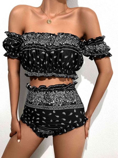 women's swimwear women bikinis set 2021 floral print off-shoulder high elasticity crop shorts style two-piece waist swims, White;black
women's swimwear women bikinis set 2021 floral print off-shoulder high elasticity crop shorts style two-piece waist swims, White;black