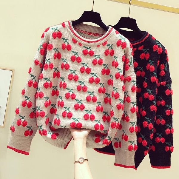 women's sweaters 2021 autumn and winter retro loose cherry jacquard round neck thickened pullover knitted sweater, White;black
women's sweaters 2021 autumn and winter retro loose cherry jacquard round neck thickened pullover knitted sweater, White;black