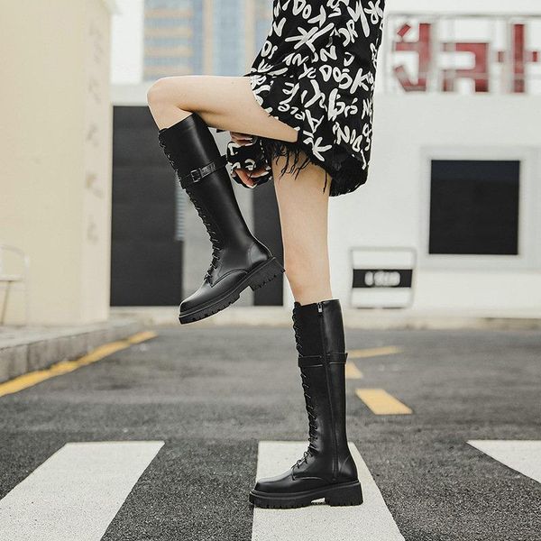 boots autumn winter women's style leather white lace-up knee high long tube thin thick-soled, Black
boots autumn winter women's style leather white lace-up knee high long tube thin thick-soled, Black