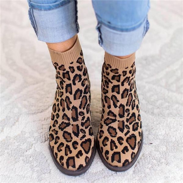 boots women ankle knitted leopard sock fashion winter slip on comfort shoes square heel plus size, Black