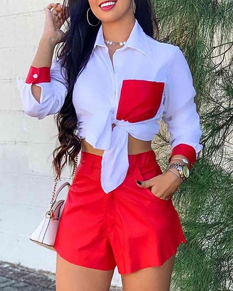 summer women colorblock tie front & shorts set new femme casual turn- down collar long sleeve shirt & pants sets 210415, White
summer women colorblock tie front & shorts set new femme casual turn- down collar long sleeve shirt & pants sets 210415, White