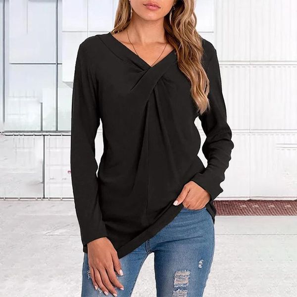 women's blouses & shirts ly solid color long sleeve t-shirt knotted v-neck women casual, White
women's blouses & shirts ly solid color long sleeve t-shirt knotted v-neck women casual, White