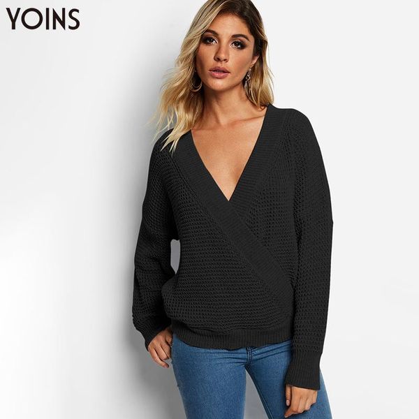 

women's sweaters yoins 2021 spring autumn winter sweater women knitted crossed front deep v neck long sleeves casual jumper black, White;black